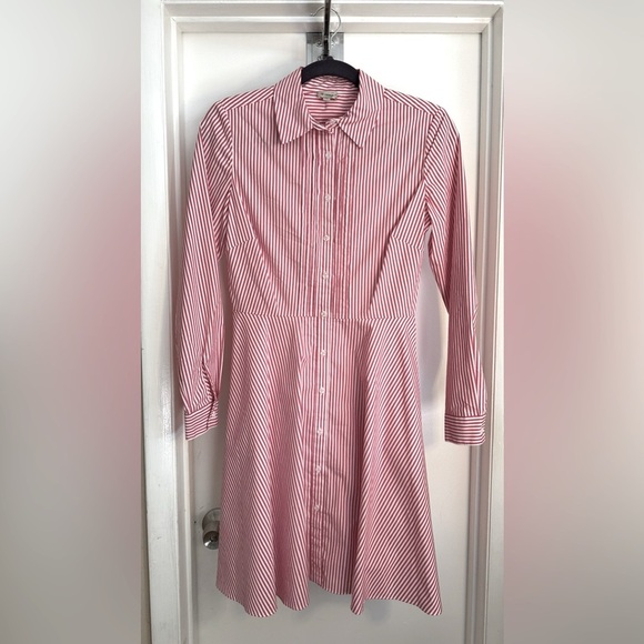Cremieux Red and White Stripe Pin-tuck Button Down Shirt Dress 4 - Picture 1 of 9